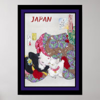 Japan Travel Vintage Fine Art Cat and Kimono