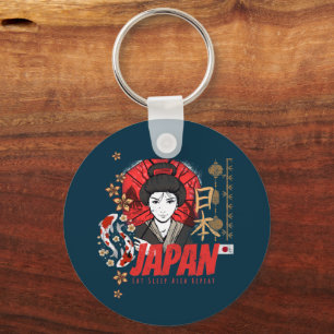 Japan Vintage Geisha with Flag Koi and Lotus Souve Key Ring