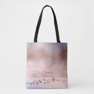 Japan winter nature. Wildlife scene, snowy nature. Tote Bag