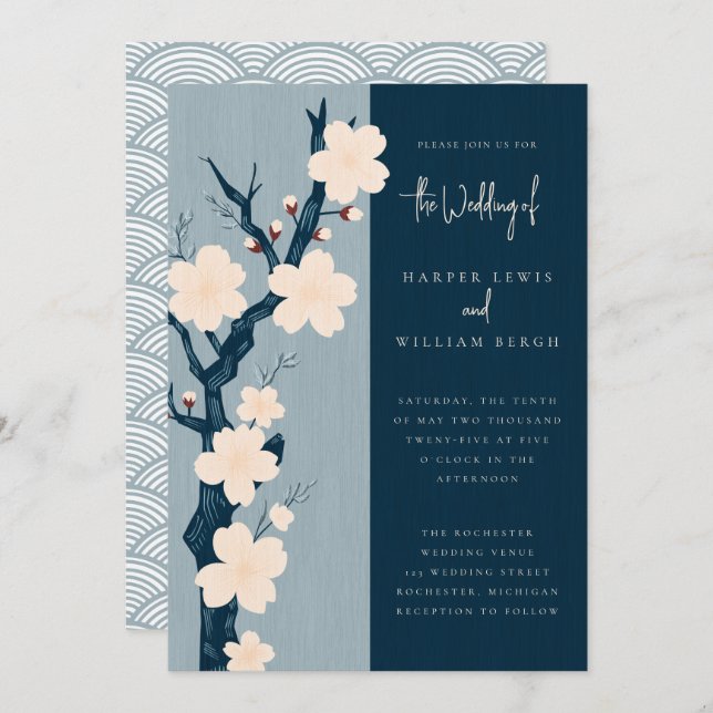 Japandi blue cherry blossom wedding invitation (Front/Back)