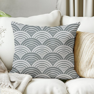 Japandi Farmhouse Grey Monochromatic Waves Scallop Cushion