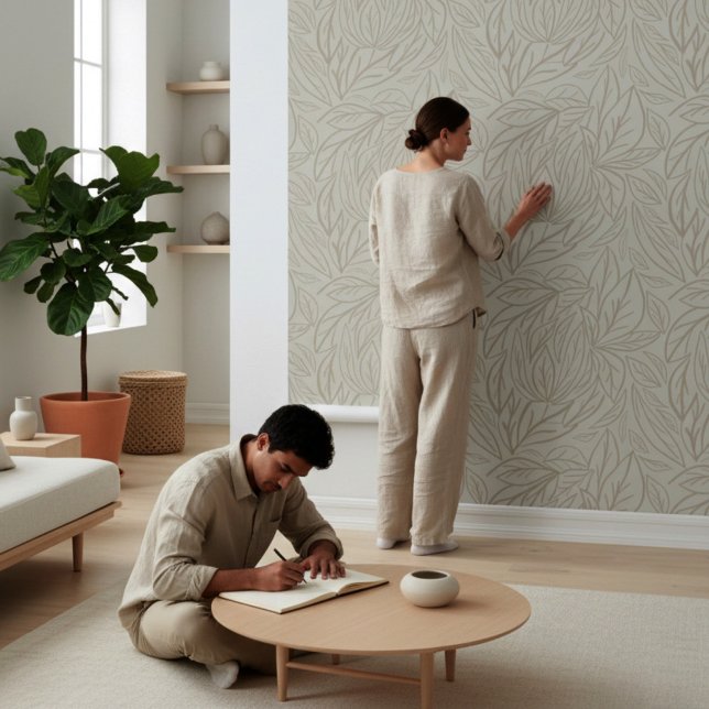Japandi Line art leaves minimal neutral beige Wallpaper (Minimalist japandi modern wallpaper leaves in clean aesthetic room.)