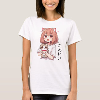 Japanese Anime Cute Girl and Cat T-Shirt