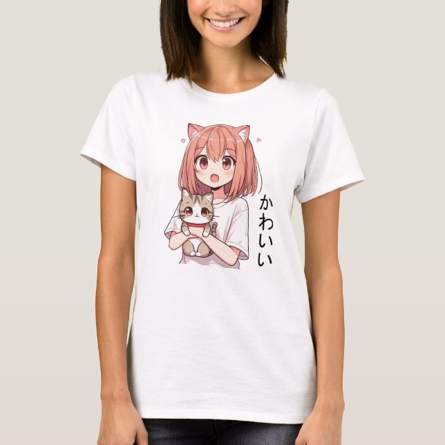 Japanese Anime Cute Girl and Cat  T-Shirt (Front)