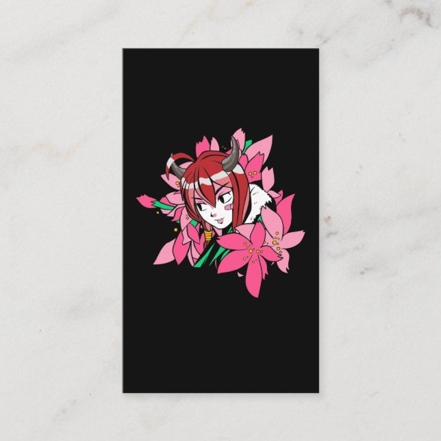 Japanese Anime Girl Demon Aesthetic Flowers Business Card (Front)
