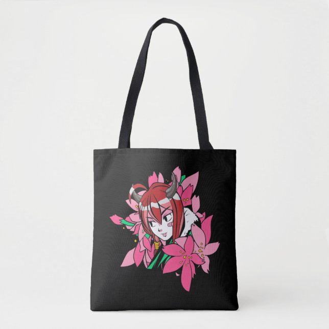Japanese Anime Girl Demon Aesthetic Flowers Tote Bag (Front)