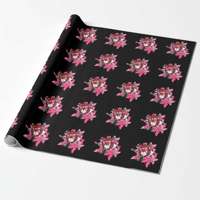 Japanese Anime Girl Demon Aesthetic Flowers Wrapping Paper (Unrolled)