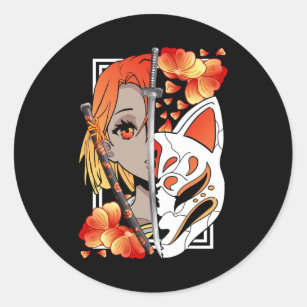 Japanese Anime Girl Mask Samurai Sword Flowers Classic Round Sticker