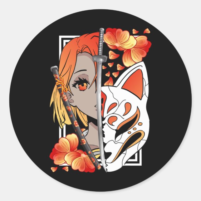 Japanese Anime Girl Mask Samurai Sword Flowers Classic Round Sticker (Front)