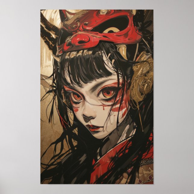 Japanese Anime Girl with Red and Gold Oni Mask Pos Poster (Front)