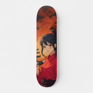 Japanese Anime Samurai Temple on Fire Skateboard