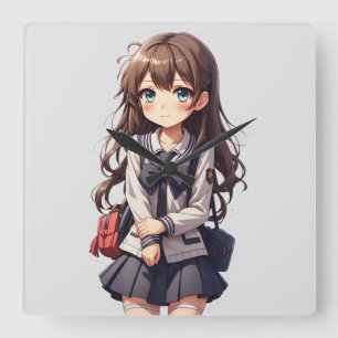 Japanese Anime School Girl Square Wall Clock