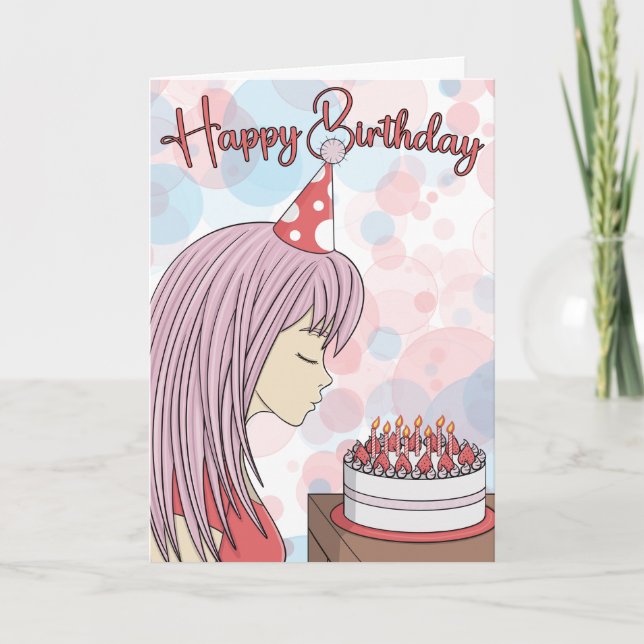 Japanese Art Anime Girl Happy Birthday Card (Front)