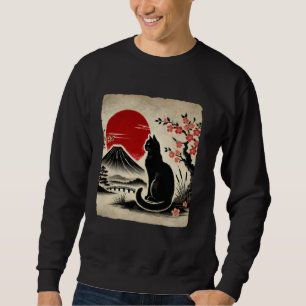 Japanese Art Black Cat Mount Fuji Cherry Blossoms Sweatshirt