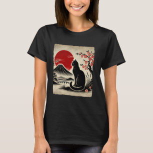 Japanese Art Black Cat Mount Fuji Cherry Blossoms T-Shirt