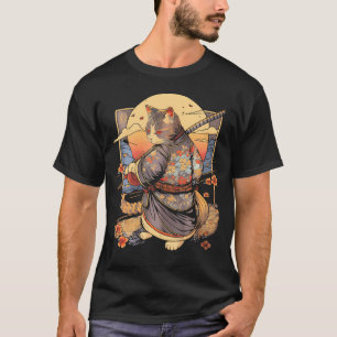 Japanese Art Cat Ninja Ukiyo-E Anime Samurai Cat   T-Shirt