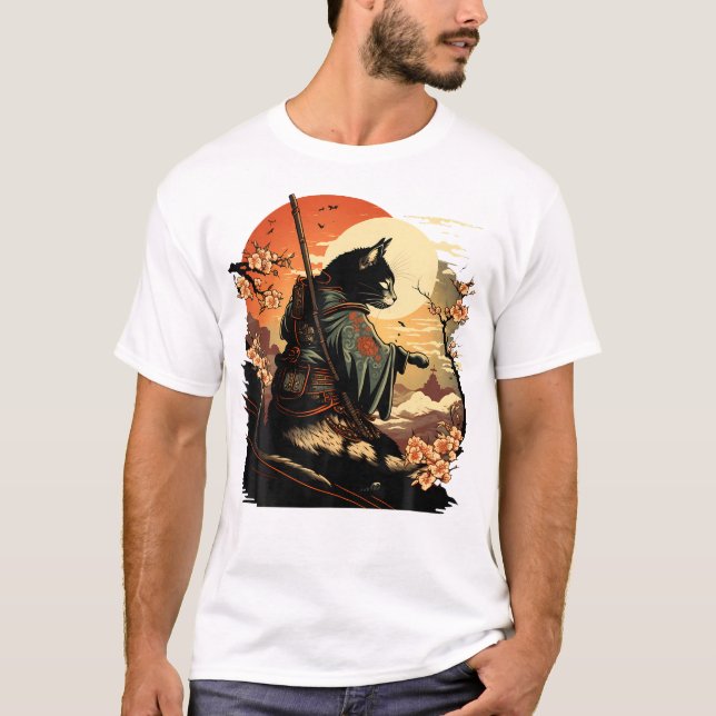 Japanese Art Cat Ninja Ukiyo-e Anime Style Samurai T-Shirt (Front)