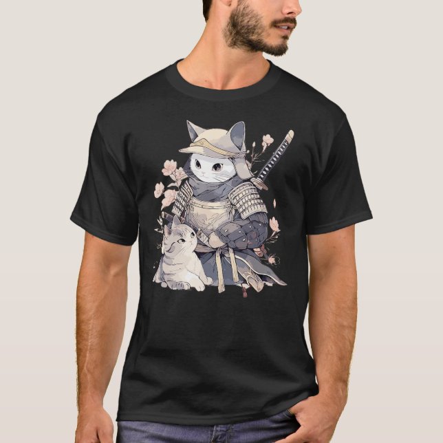 Japanese Art Cat Ninja Ukiyo-e Anime Style Samurai T-Shirt (Front)