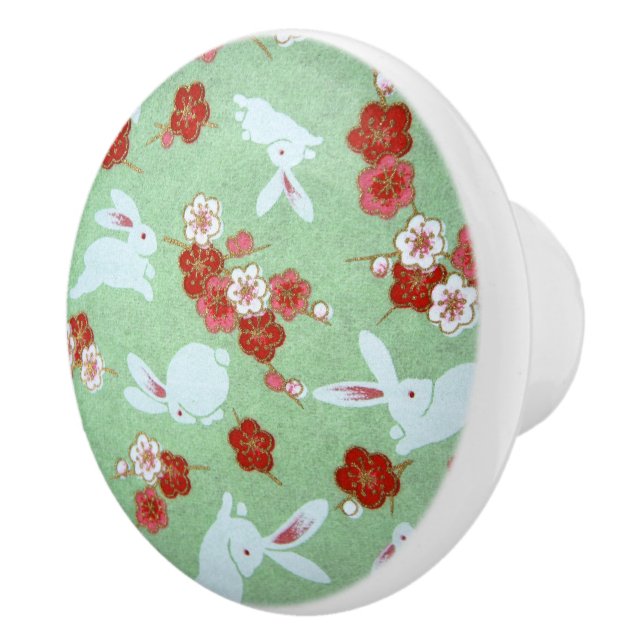 Japanese Art: Green Sakura and Rabbits Knob (Right)
