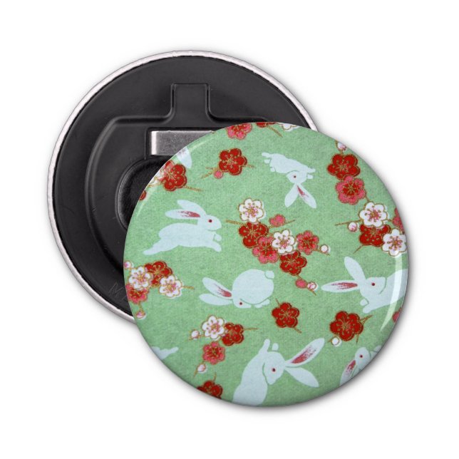 Japanese Art: Green Sakuras and Rabbits Bottle Opener (Front)