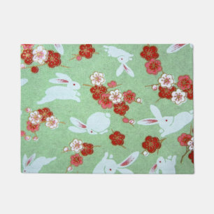 Japanese Art: Green Sakuras and Rabbits Doormat