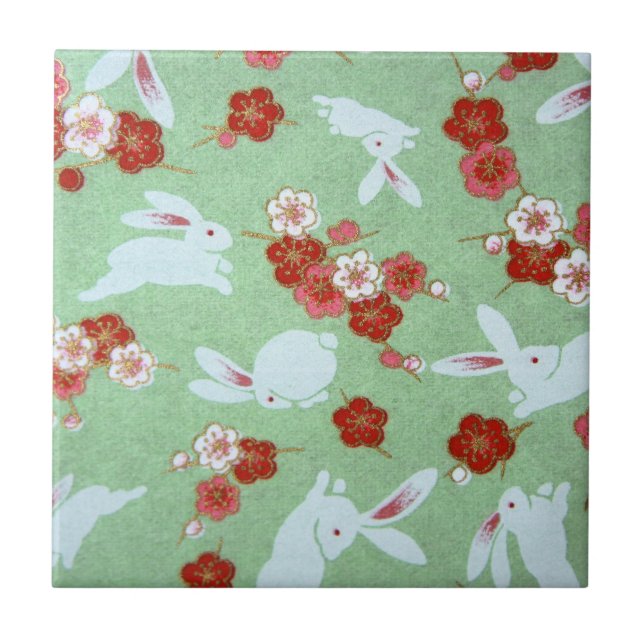 Japanese Art: Green Sakuras and Rabbits Tile (Front)