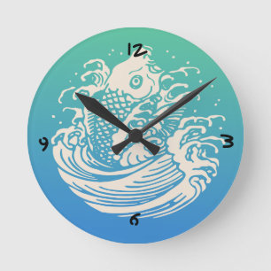 Japanese Art Koi Fish Blue Vintage Design Round Clock