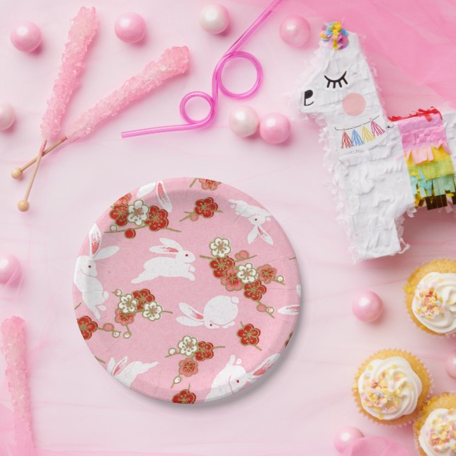 Japanese Art: Pink Sakura & Rabbits Paper Plates (Party)