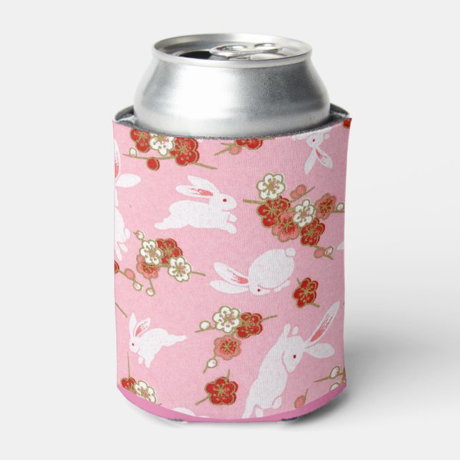 Japanese Art: Pink Sakuras & Rabbits Can Cooler (Can Front)