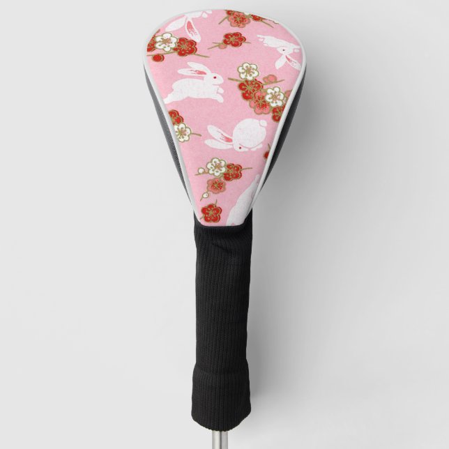 Japanese Art: Pink Sakuras & Rabbits Golf Head Cover (Front)