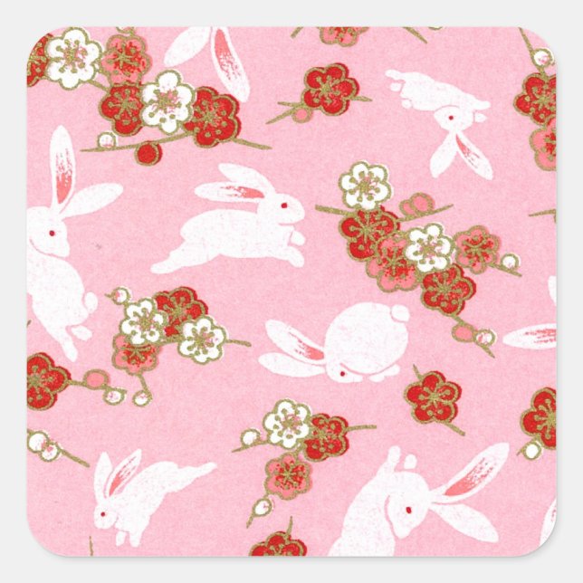 Japanese Art: Pink Sakuras & Rabbits Square Sticker (Front)