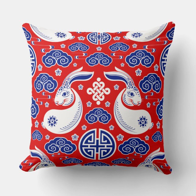Japanese Art Rabbit Red, Blue Throw Pillows (Front)