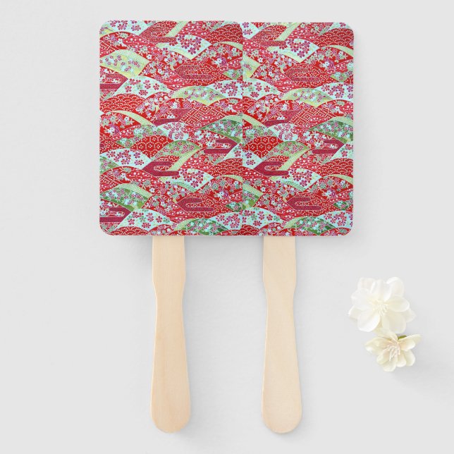 Japanese Art Red Floral Origami Yuzen Hand Fan (Front and Back)