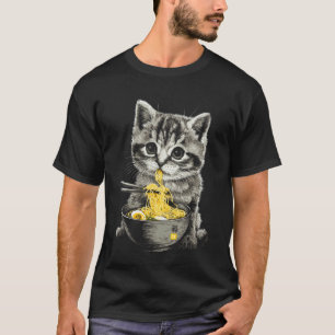 Japanese Art Style Kitten Cute Baby Cat Eating Ram T-Shirt