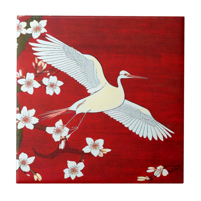  Japanese Art Style White Crane Cherry Blossom Red Tile (Front)
