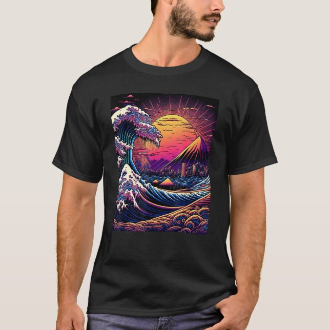 Japanese Art Ukiyo-e Style Retrowave Great Wave Of T-Shirt (Front)
