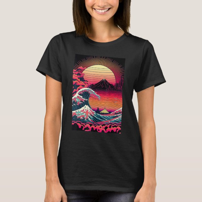 Japanese Art Ukiyo-e Style Retrowave Great Wave Of T-Shirt (Front)