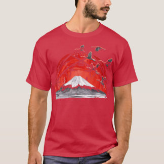 Japanese Art Volcano Stork Crane Japan Art Sakura  T-Shirt