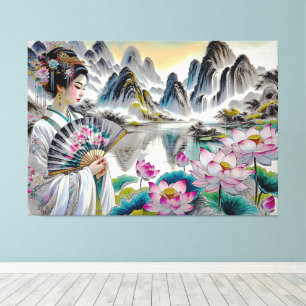 Japanese Art with Lady, Lotus and Mountains  Canvas Print