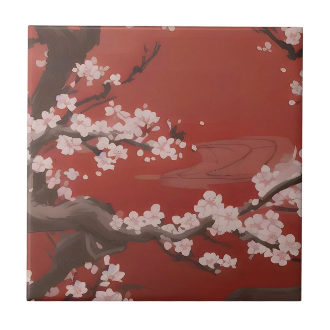  Japanese Artstyle White Cherry Blossom Red Tile (Front)
