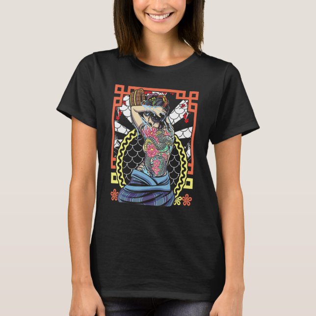 Japanese Artwork Geisha Snake Flower T-Shirt (Front)