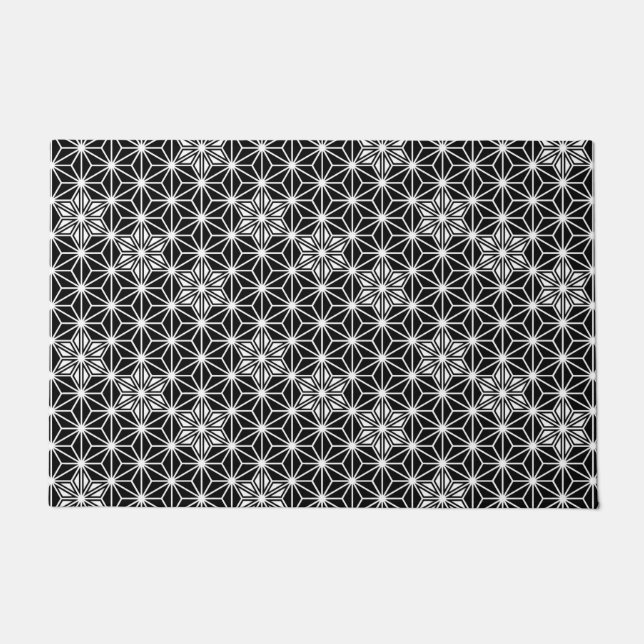 Japanese Asanoha or Star Pattern, Black and White Doormat (Front)
