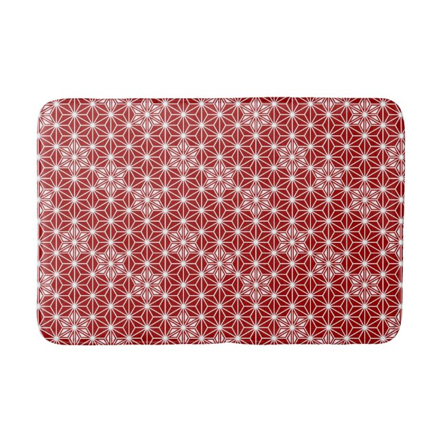 Japanese Asanoha Pattern, Deep Red & White Bath Mat (Front)
