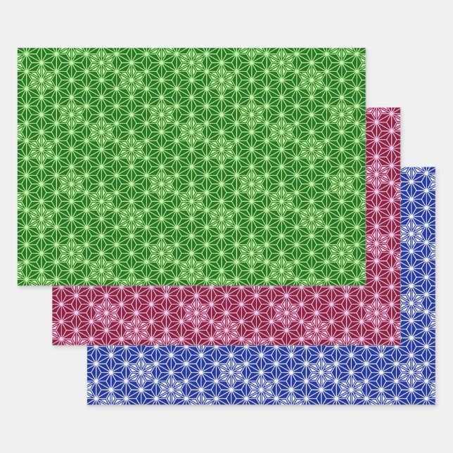 Japanese Asanoha pattern, Green, Burgundy, Blue   Wrapping Paper Sheet (Set)