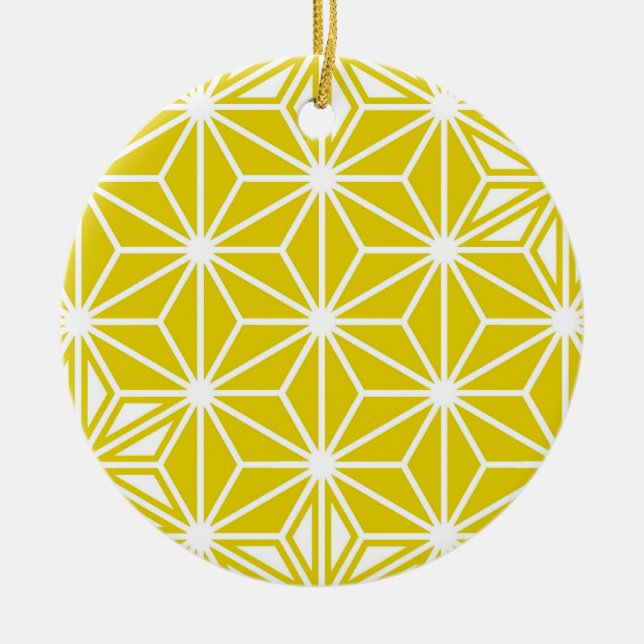 Japanese Asanoha pattern - mustard gold and white Ceramic Tree Decoration (Front)
