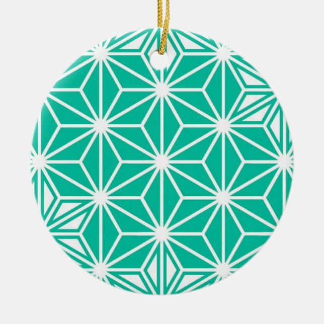 Japanese Asanoha pattern - peacock blue Ceramic Tree Decoration (Front)