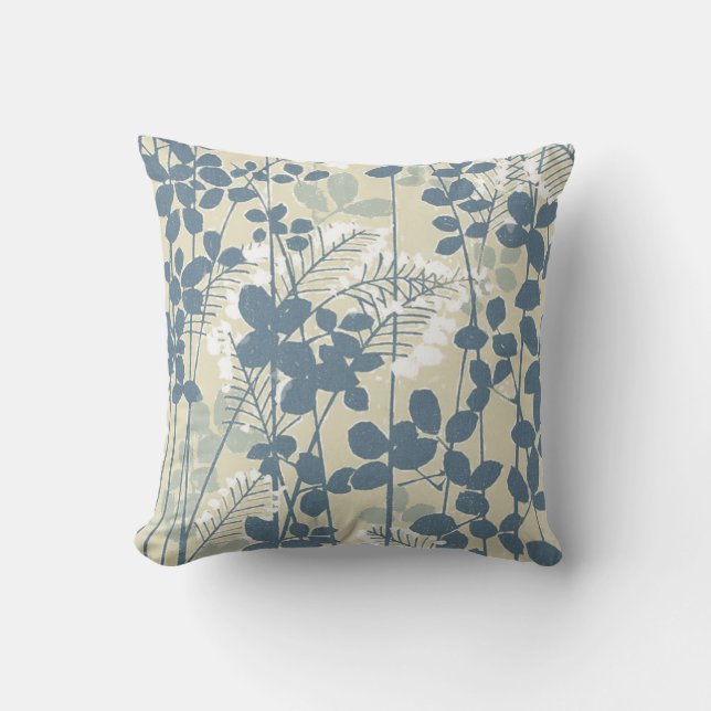Japanese Asian Blue Leaf Flower Cushion (Front)