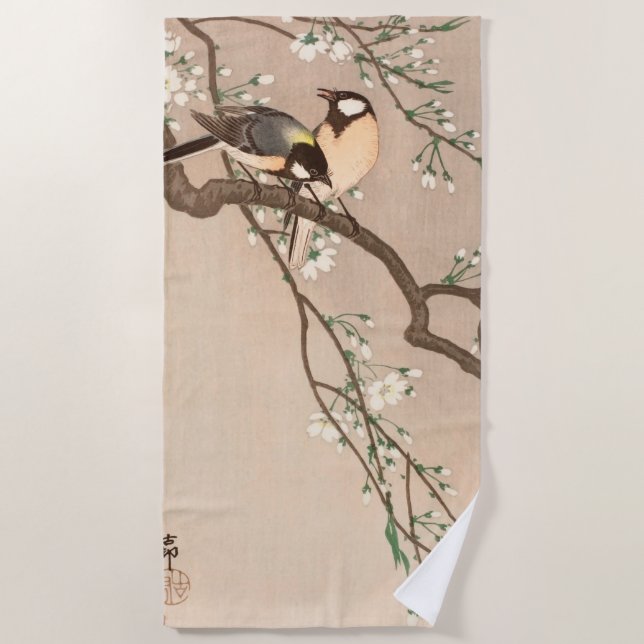 Japanese Asian Koson Bird Chickadee Songbird Beach Towel (Front)
