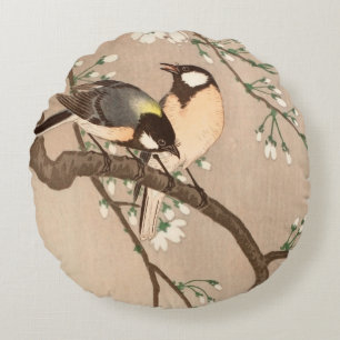 Japanese Asian Koson Bird Chickadee Songbird Round Cushion