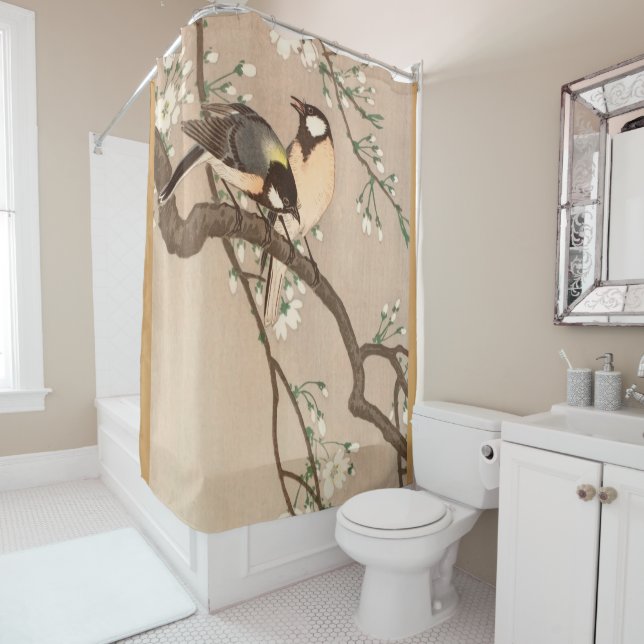 Japanese Asian Koson Bird Chickadee Songbird Shower Curtain (In Situ)